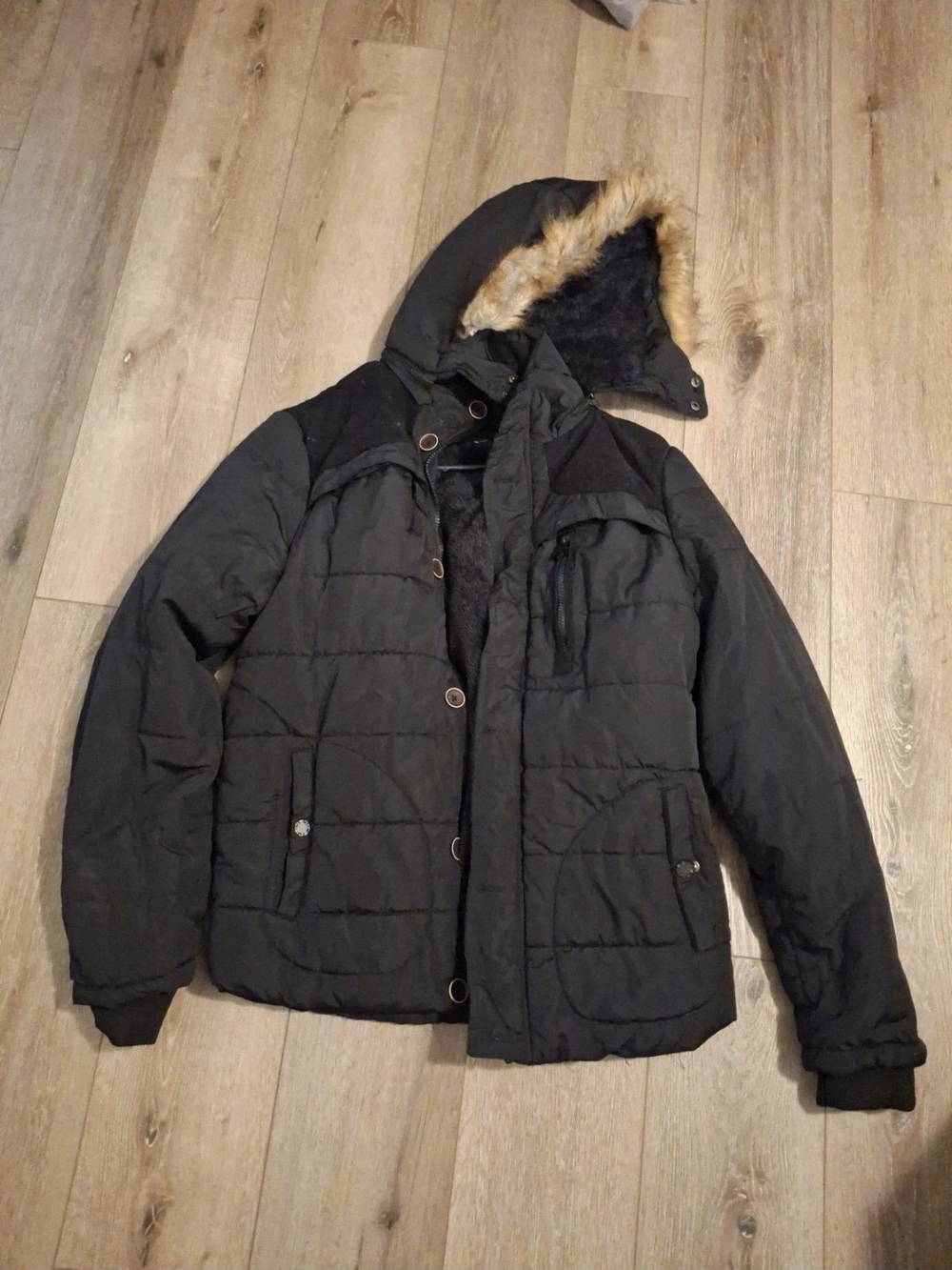 Men's Black Quilted Hooded Winter Jacket with Faux Fur Trim